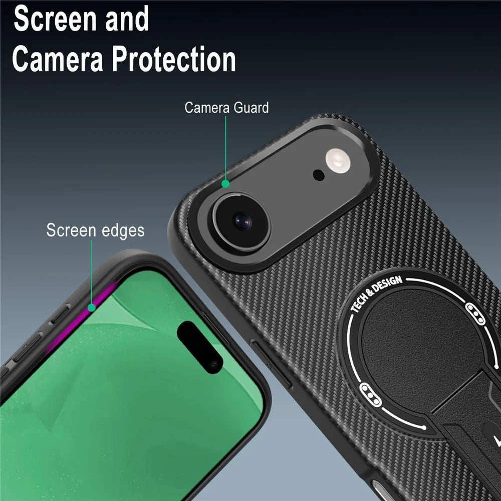 For iPhone Air Case with Kickstand Carbon Fiber Texture PC + TPU Phone Cover - Black - 5