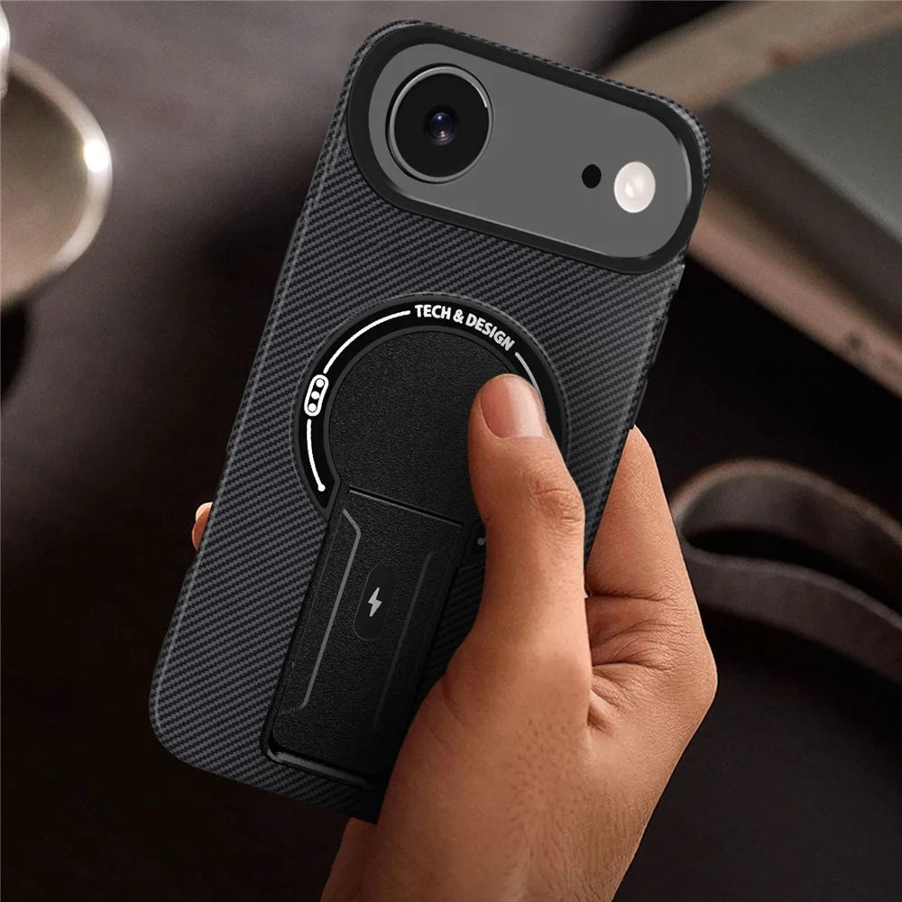 For iPhone Air Case with Kickstand Carbon Fiber Texture PC + TPU Phone Cover - Black - 6