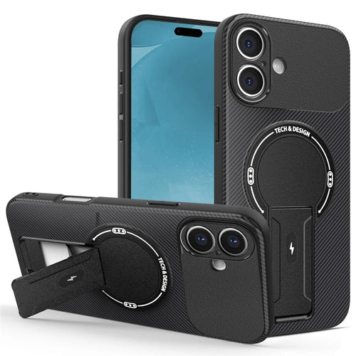 For iPhone 17 Case with Kickstand Carbon Fiber Texture PC + TPU Phone Cover - Black - 1