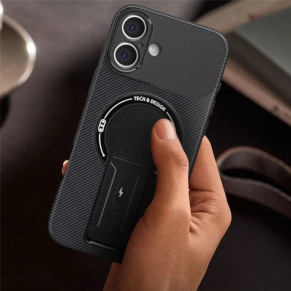 For iPhone 17 Case with Kickstand Carbon Fiber Texture PC + TPU Phone Cover - Black - 6