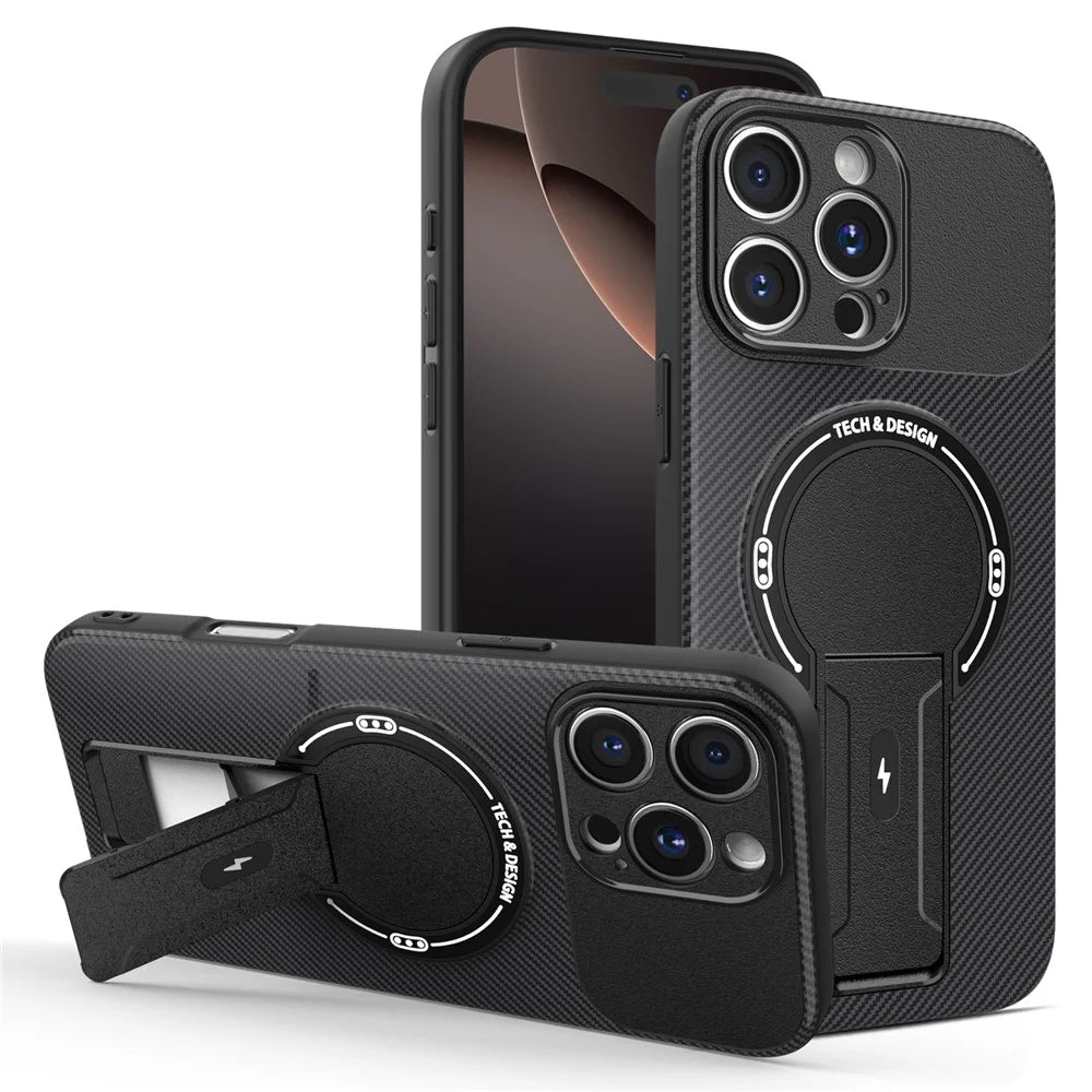For iPhone 16 Pro Case with Kickstand Carbon Fiber Texture PC + TPU Phone Cover - Black - 1
