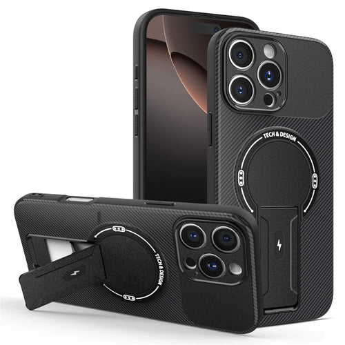For iPhone 16 Pro Case with Kickstand Carbon Fiber Texture PC + TPU Phone Cover - Black - 1