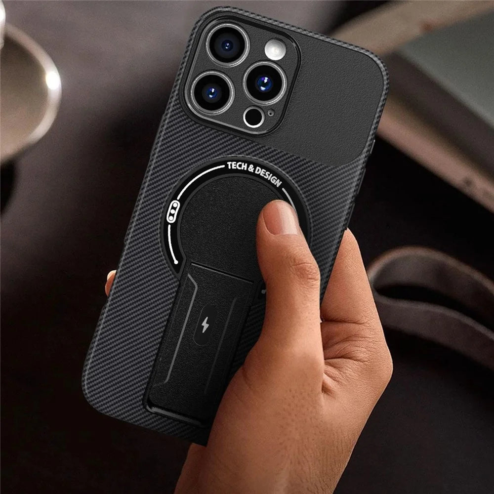 For iPhone 16 Pro Case with Kickstand Carbon Fiber Texture PC + TPU Phone Cover - Black - 6