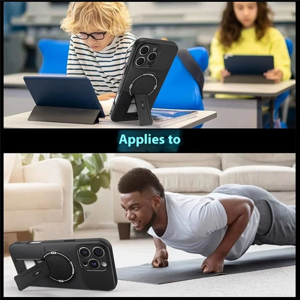For iPhone 16 Pro Case with Kickstand Carbon Fiber Texture PC + TPU Phone Cover - Black - 2