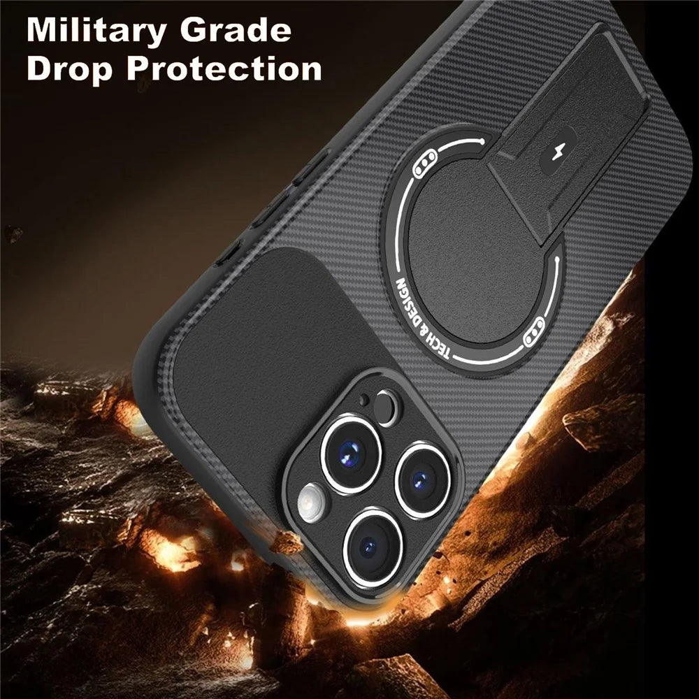 For iPhone 16 Pro Case with Kickstand Carbon Fiber Texture PC + TPU Phone Cover - Black - 3