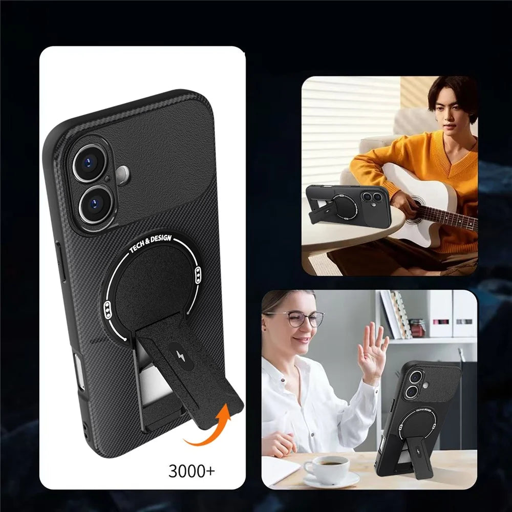 For iPhone 16 Case with Kickstand Carbon Fiber Texture PC + TPU Phone Cover - Black - 2
