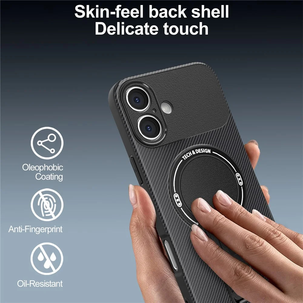 For iPhone 16 Case with Kickstand Carbon Fiber Texture PC + TPU Phone Cover - Black - 3