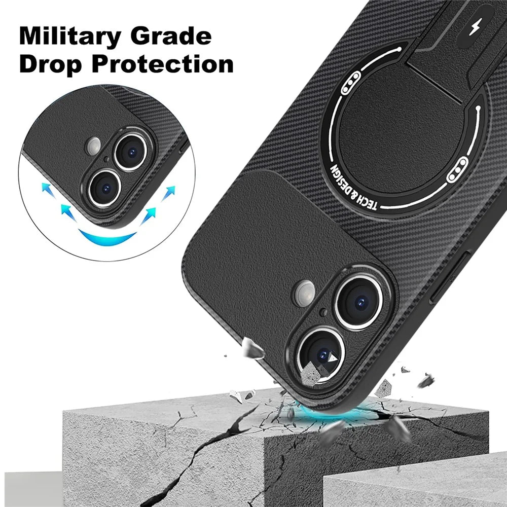 For iPhone 16 Case with Kickstand Carbon Fiber Texture PC + TPU Phone Cover - Black - 4
