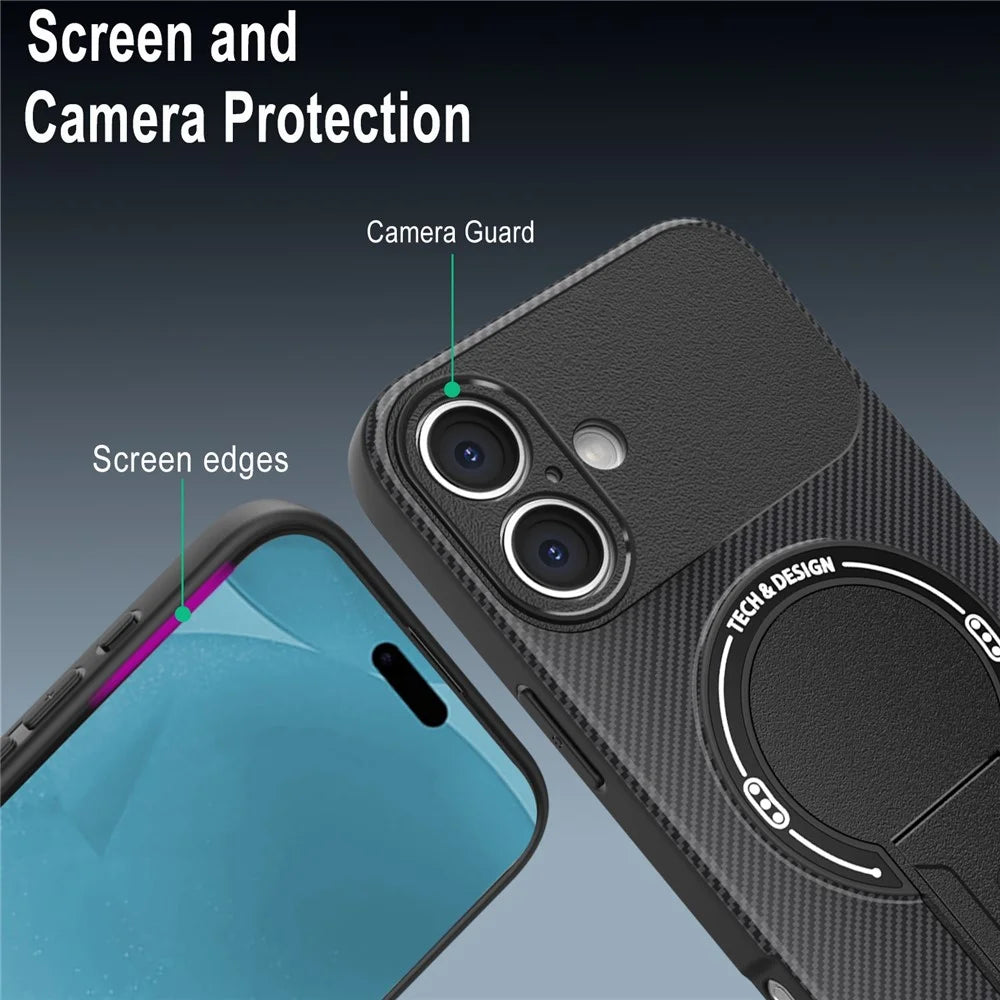 For iPhone 16 Case with Kickstand Carbon Fiber Texture PC + TPU Phone Cover - Black - 5