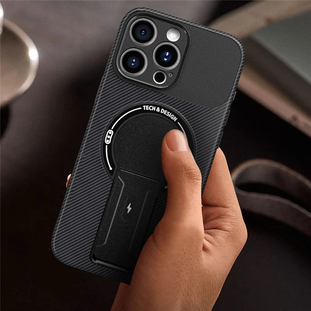 For iPhone 15 Pro Max Case with Kickstand Carbon Fiber Texture PC + TPU Phone Cover - Black - 6
