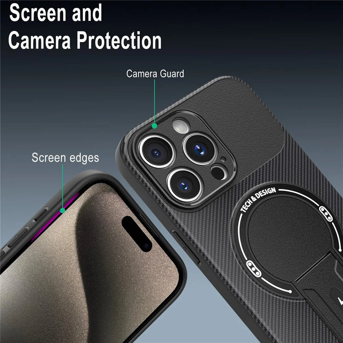 For iPhone 15 Pro Case with Kickstand Carbon Fiber Texture PC + TPU Phone Cover - Black - 5