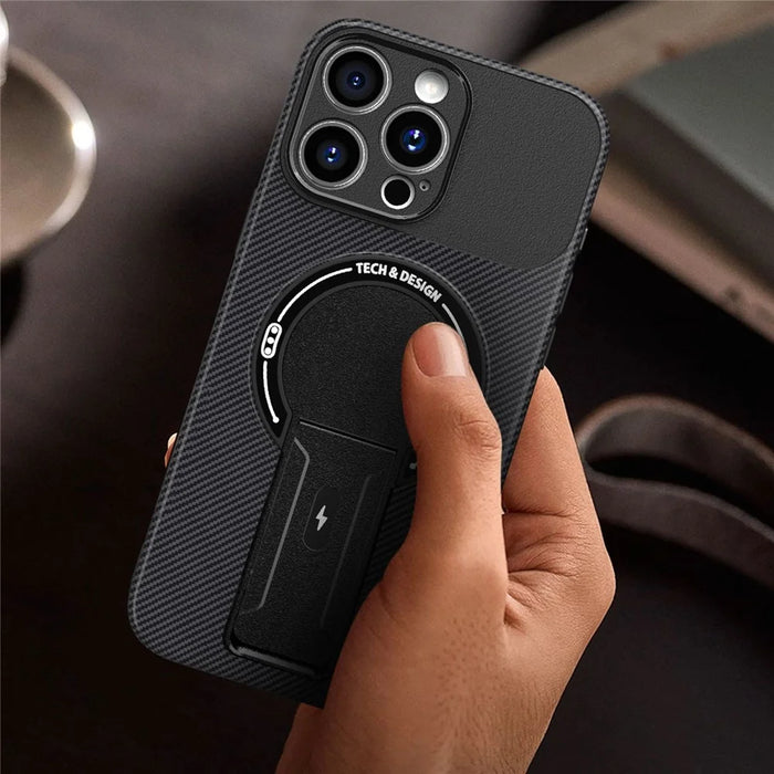 For iPhone 15 Pro Case with Kickstand Carbon Fiber Texture PC + TPU Phone Cover - Black - 6