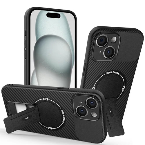 For iPhone 15 Case with Kickstand Carbon Fiber Texture PC + TPU Phone Cover - Black - 1
