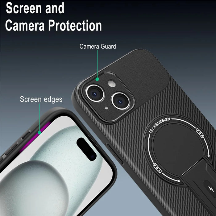For iPhone 15 Case with Kickstand Carbon Fiber Texture PC + TPU Phone Cover - Black - 5