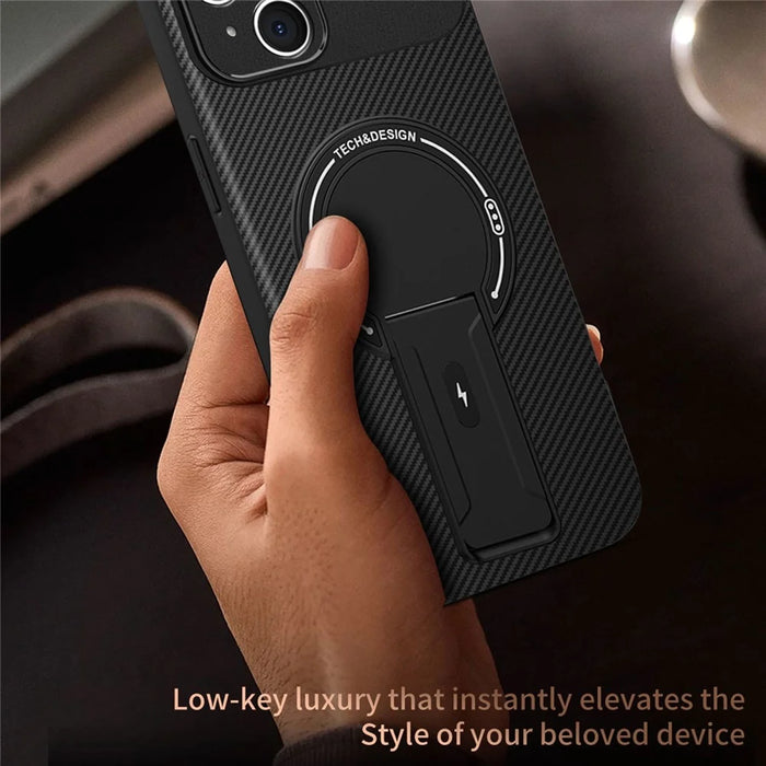 For iPhone 15 Case with Kickstand Carbon Fiber Texture PC + TPU Phone Cover - Black - 6