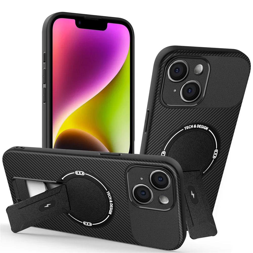 For iPhone 14 Case with Kickstand Carbon Fiber Texture PC + TPU Phone Cover - Black - 1