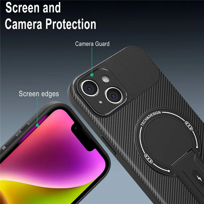 For iPhone 14 Case with Kickstand Carbon Fiber Texture PC + TPU Phone Cover - Black - 5
