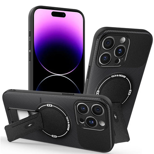 For iPhone 14 Pro Max Case with Kickstand Carbon Fiber Texture PC + TPU Phone Cover - Black - 1