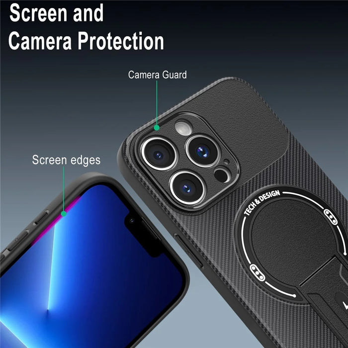 For iPhone 13 Pro Max Case with Kickstand Carbon Fiber Texture PC + TPU Phone Cover - Black - 5