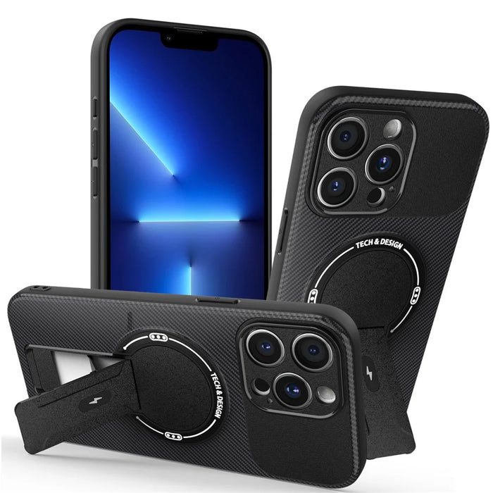 For iPhone 13 Pro Case with Kickstand Carbon Fiber Texture PC + TPU Phone Cover - Black - 1