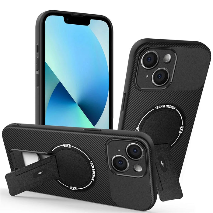 For iPhone 13 Case with Kickstand Carbon Fiber Texture PC + TPU Phone Cover - Black - 1