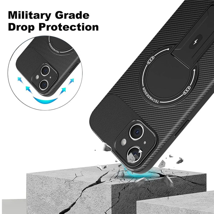 For iPhone 13 Case with Kickstand Carbon Fiber Texture PC + TPU Phone Cover - Black - 4