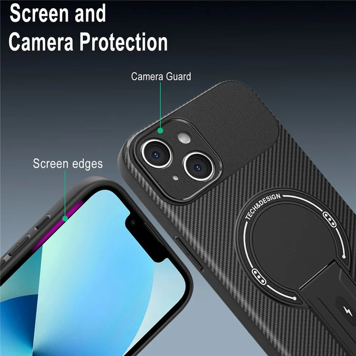 For iPhone 13 Case with Kickstand Carbon Fiber Texture PC + TPU Phone Cover - Black - 5