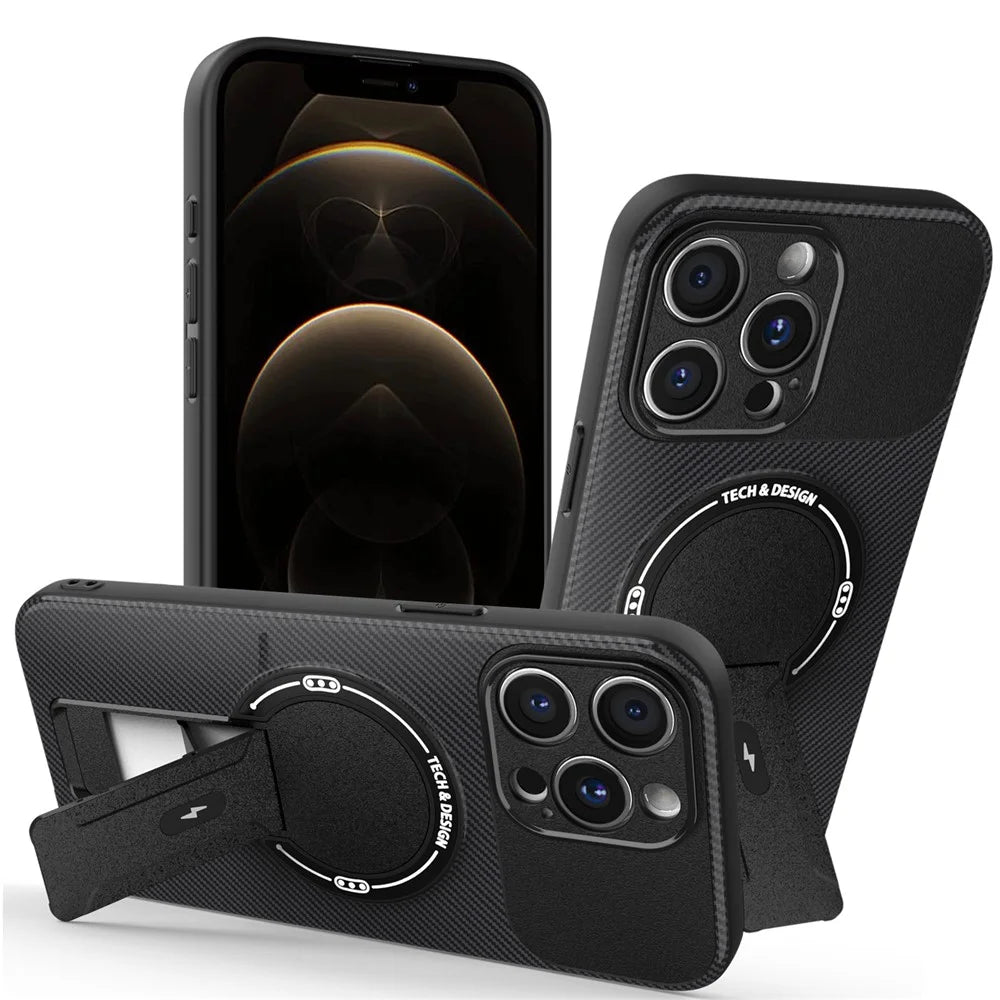 For iPhone 12 Pro Case with Kickstand Carbon Fiber Texture PC + TPU Phone Cover - Black - 1