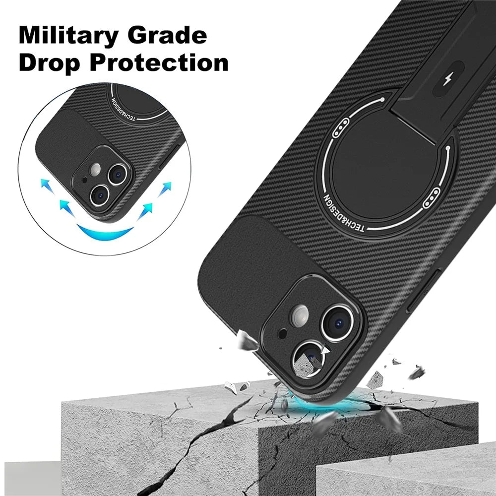 For iPhone 12 Case with Kickstand Carbon Fiber Texture PC + TPU Phone Cover - Black - 4