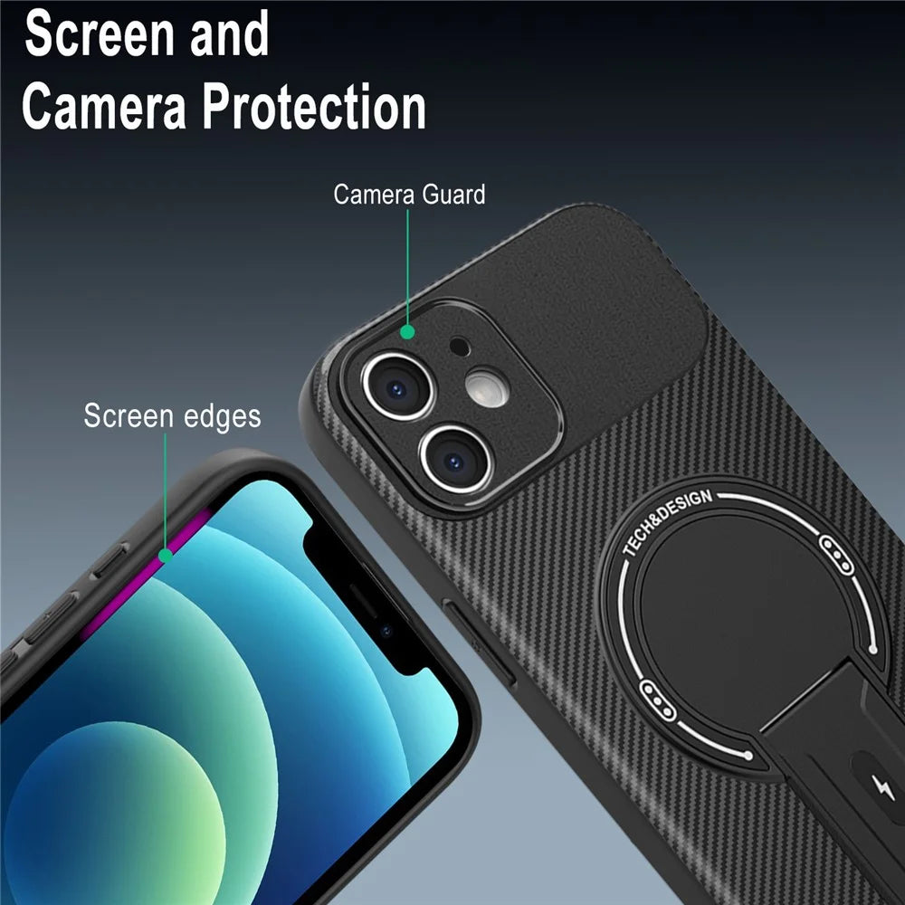 For iPhone 12 Case with Kickstand Carbon Fiber Texture PC + TPU Phone Cover - Black - 5