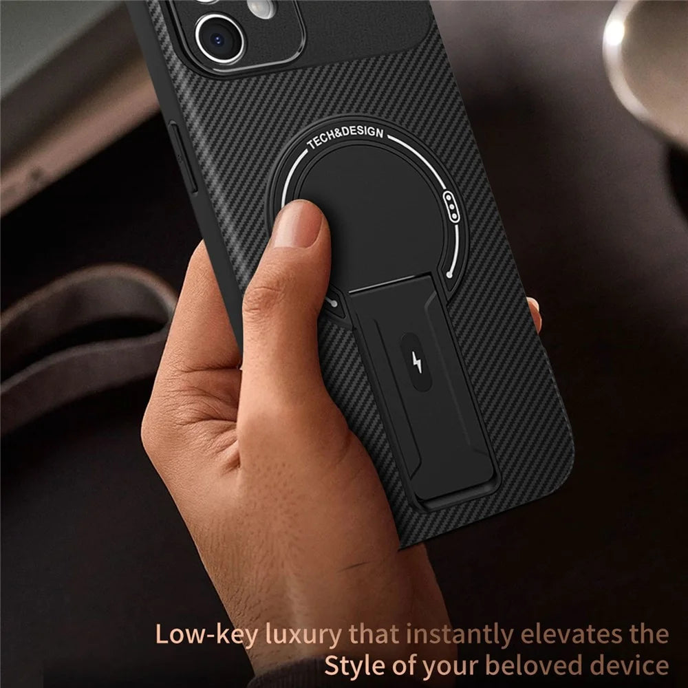 For iPhone 12 Case with Kickstand Carbon Fiber Texture PC + TPU Phone Cover - Black - 6