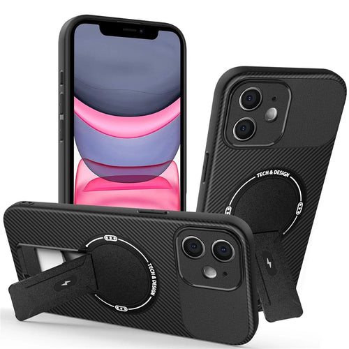 For iPhone 11 Case with Kickstand Carbon Fiber Texture PC + TPU Phone Cover - Black - 1