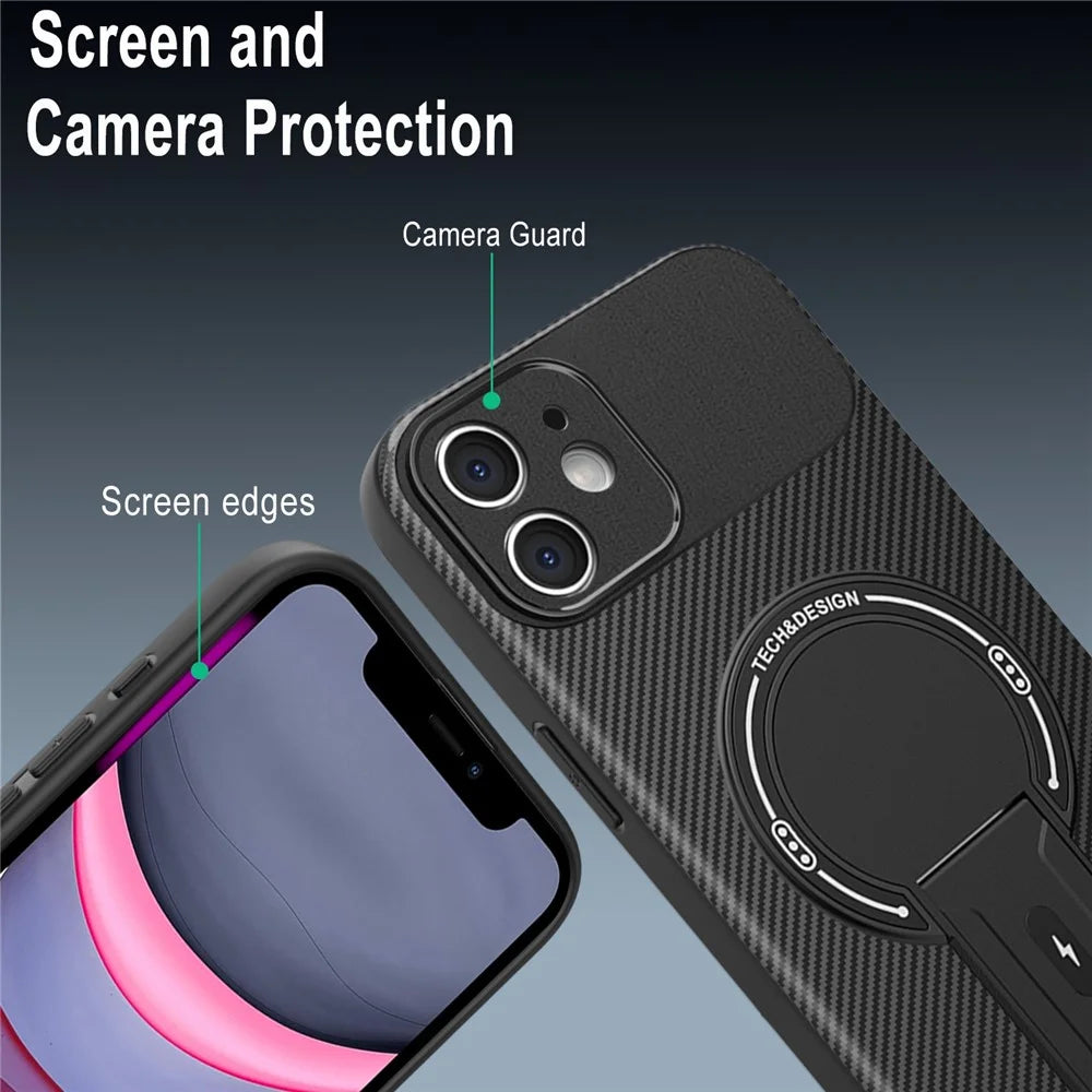 For iPhone 11 Case with Kickstand Carbon Fiber Texture PC + TPU Phone Cover - Black - 5