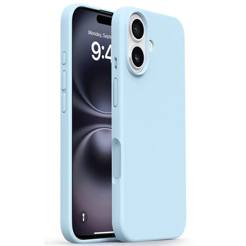 For iPhone 16 Case Soft Microfiber Lining Liquid Silicone + PC Phone Cover - Ice Blue - 1