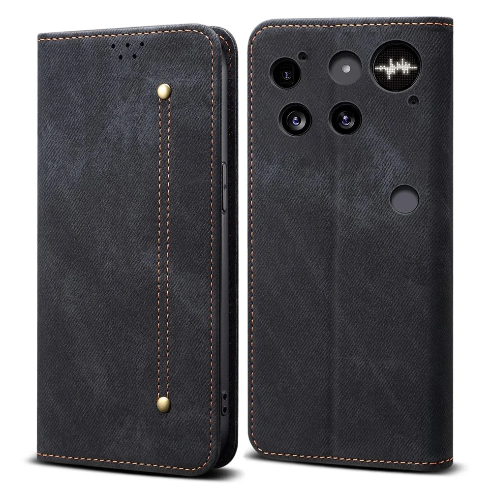 For Nothing Phone (3) 5G Case Jeans Cloth Texture Anti-Scratch Leather Stand Phone Cover - Black - 1
