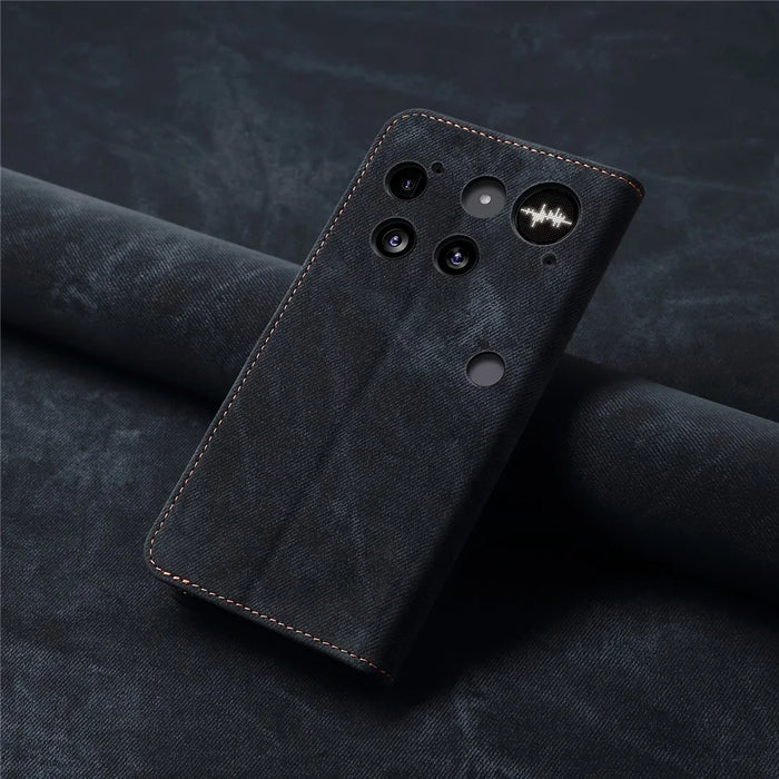 For Nothing Phone (3) 5G Case Jeans Cloth Texture Anti-Scratch Leather Stand Phone Cover - Black - 7
