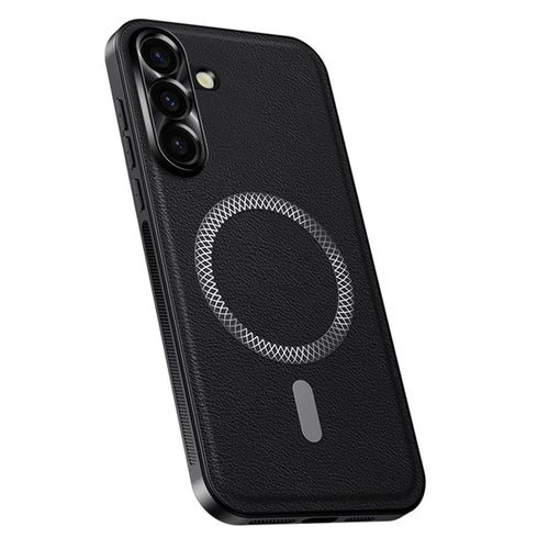 For Samsung Galaxy S25+ Magnetic Case PU TPU PC Phone Back Cover with Metal Lens Frame - Black - 1