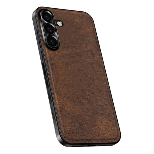 For Samsung Galaxy S25 Case PU + TPU + PC Phone Back Cover with Metal Lens Frame - Brown - 1