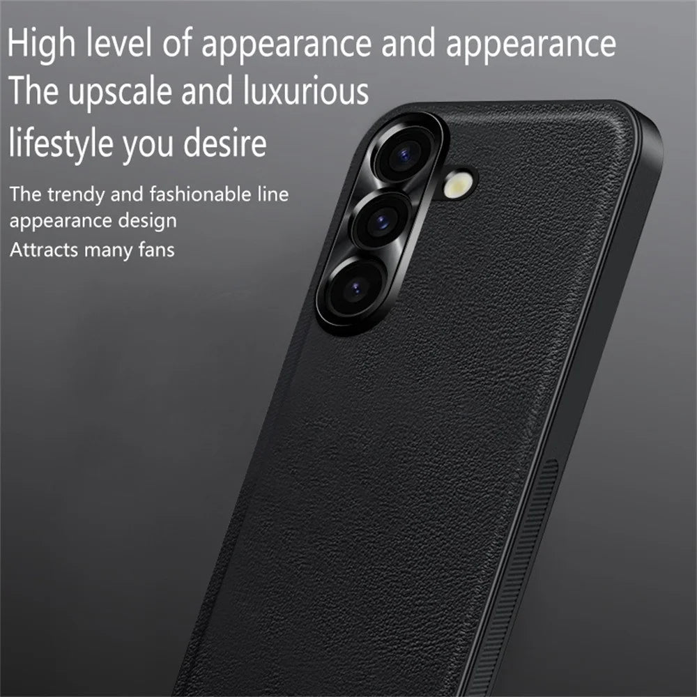 For Samsung Galaxy S25+ Case PU + TPU + PC Phone Back Cover with Metal Lens Frame - Black - 3