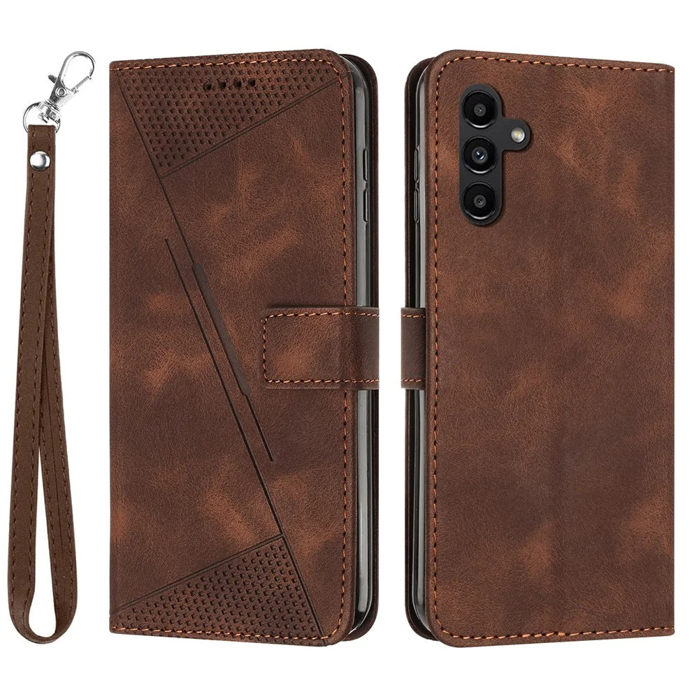 For Samsung Galaxy S25 FE Leather Case Imprinted Triangle Phone Cover with Hand Strap - Brown - 1