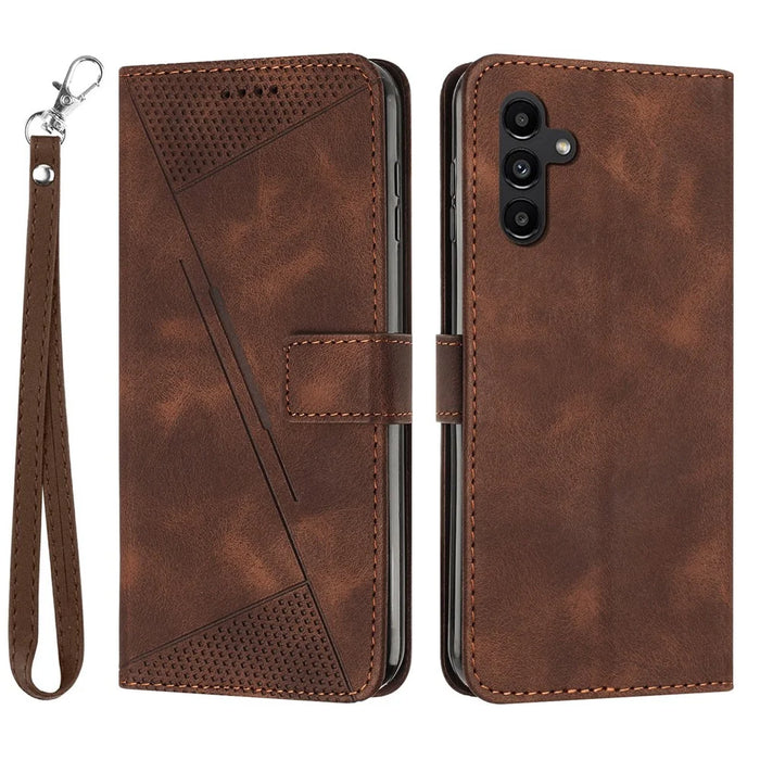 For Samsung Galaxy S25 FE Leather Case Imprinted Triangle Phone Cover with Hand Strap - Brown - 1