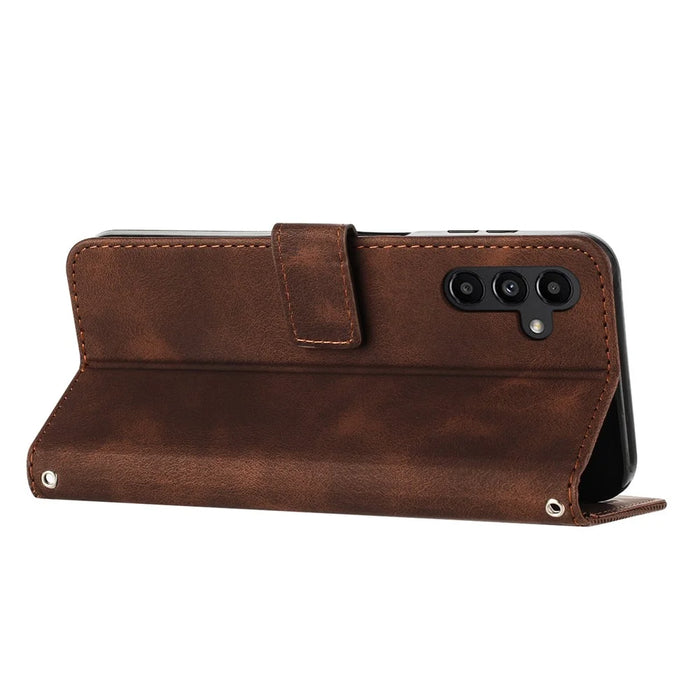 For Samsung Galaxy S25 FE Leather Case Imprinted Triangle Phone Cover with Hand Strap - Brown - 4