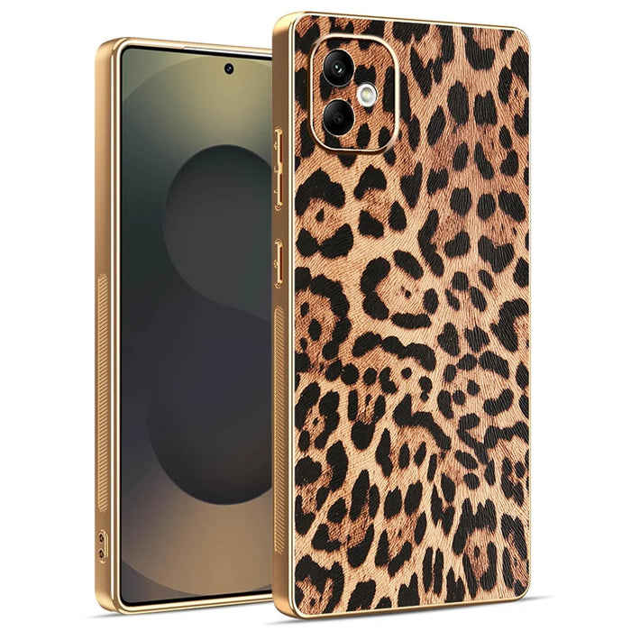 For Samsung Galaxy A06 4G Case Leopard Print PU Leather Coated PC + TPU Electroplating Phone Cover - 1