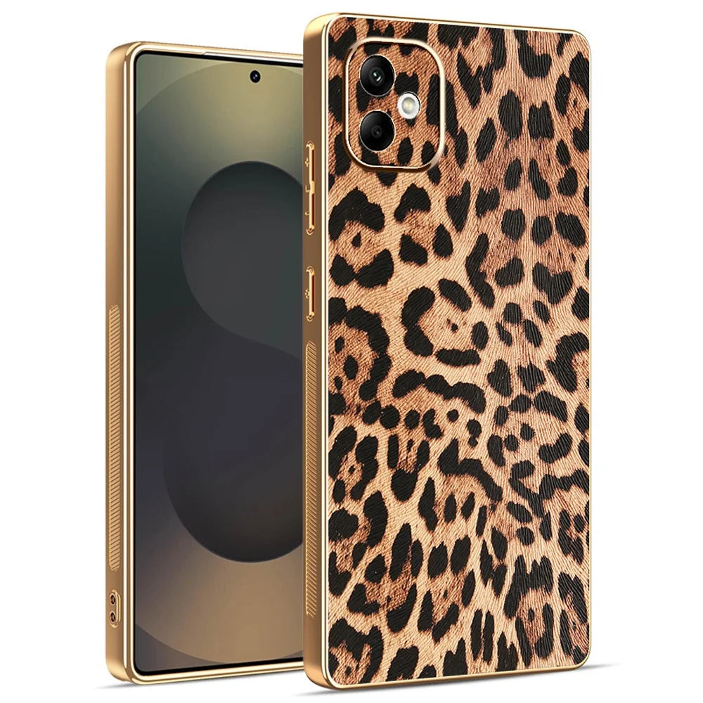 For Samsung Galaxy A08 5G / A08 4G / A07 4G Case Leopard Print PU Leather Coated PC + TPU Electroplating Phone Cover - 1