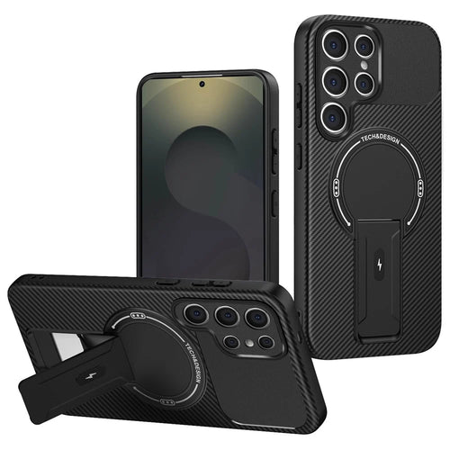 For Samsung Galaxy S25 Ultra Case with Kickstand Carbon Fiber Texture PC + TPU Phone Cover - Black - 1