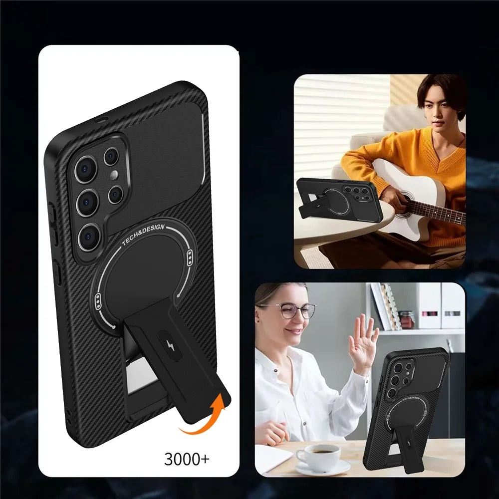 For Samsung Galaxy S25 Ultra Case with Kickstand Carbon Fiber Texture PC + TPU Phone Cover - Black - 2
