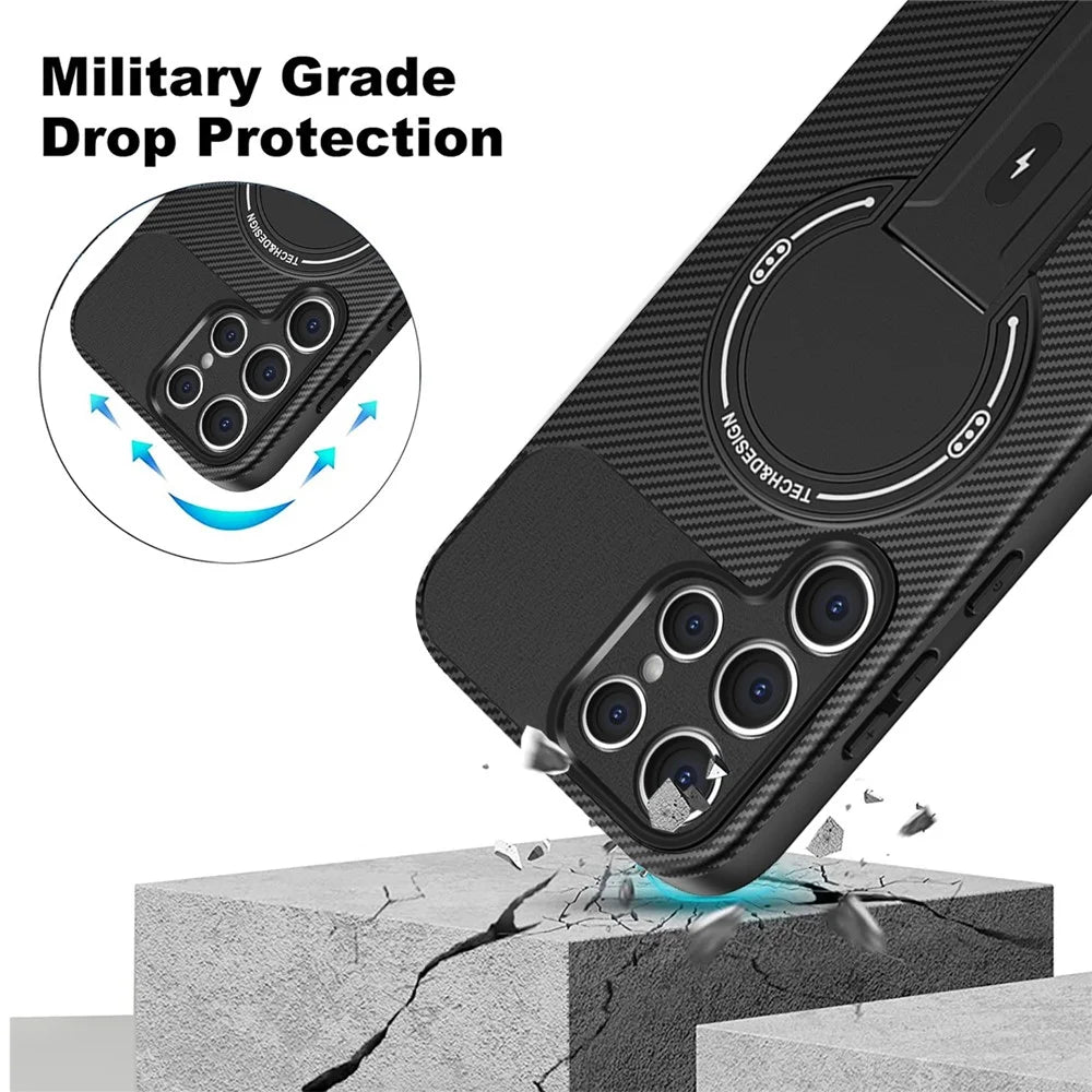 For Samsung Galaxy S25 Ultra Case with Kickstand Carbon Fiber Texture PC + TPU Phone Cover - Black - 4