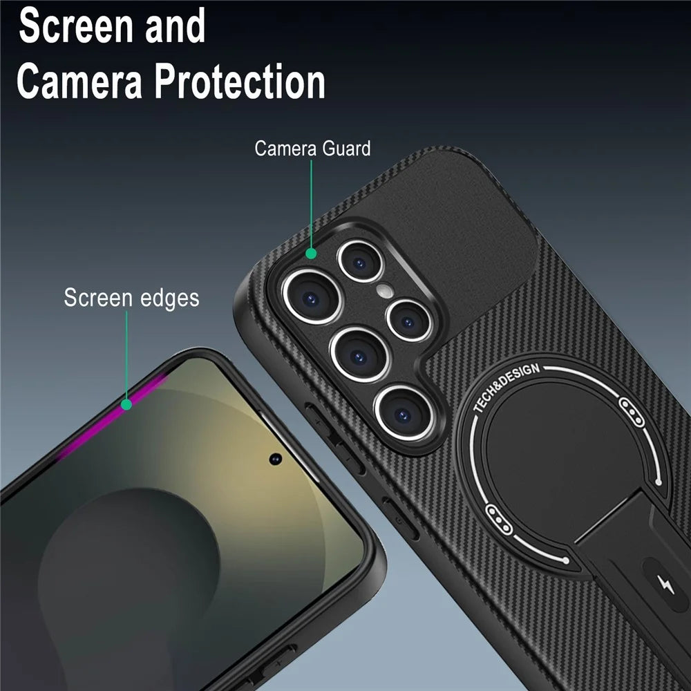 For Samsung Galaxy S25 Ultra Case with Kickstand Carbon Fiber Texture PC + TPU Phone Cover - Black - 5