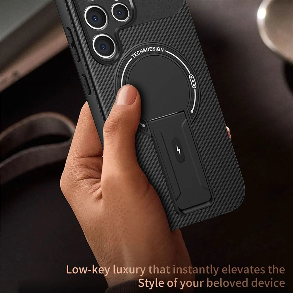 For Samsung Galaxy S25 Ultra Case with Kickstand Carbon Fiber Texture PC + TPU Phone Cover - Black - 6