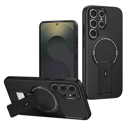 For Samsung Galaxy S23 Ultra Case with Kickstand Carbon Fiber Texture PC + TPU Phone Cover - Black - 1